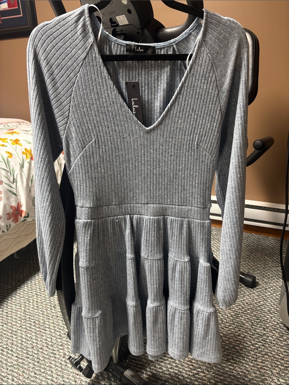 Lulu's Light Blue Ribbed V-Neck Long-Sleeve Dress